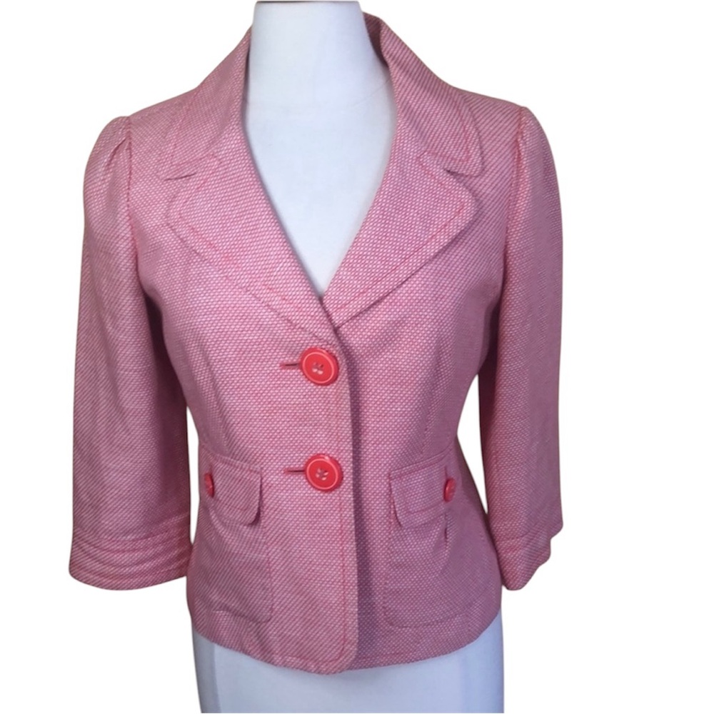 Halogen Retro Orange & White Blazer w/oversized buttons & 3/4 sleeves SizeMedium